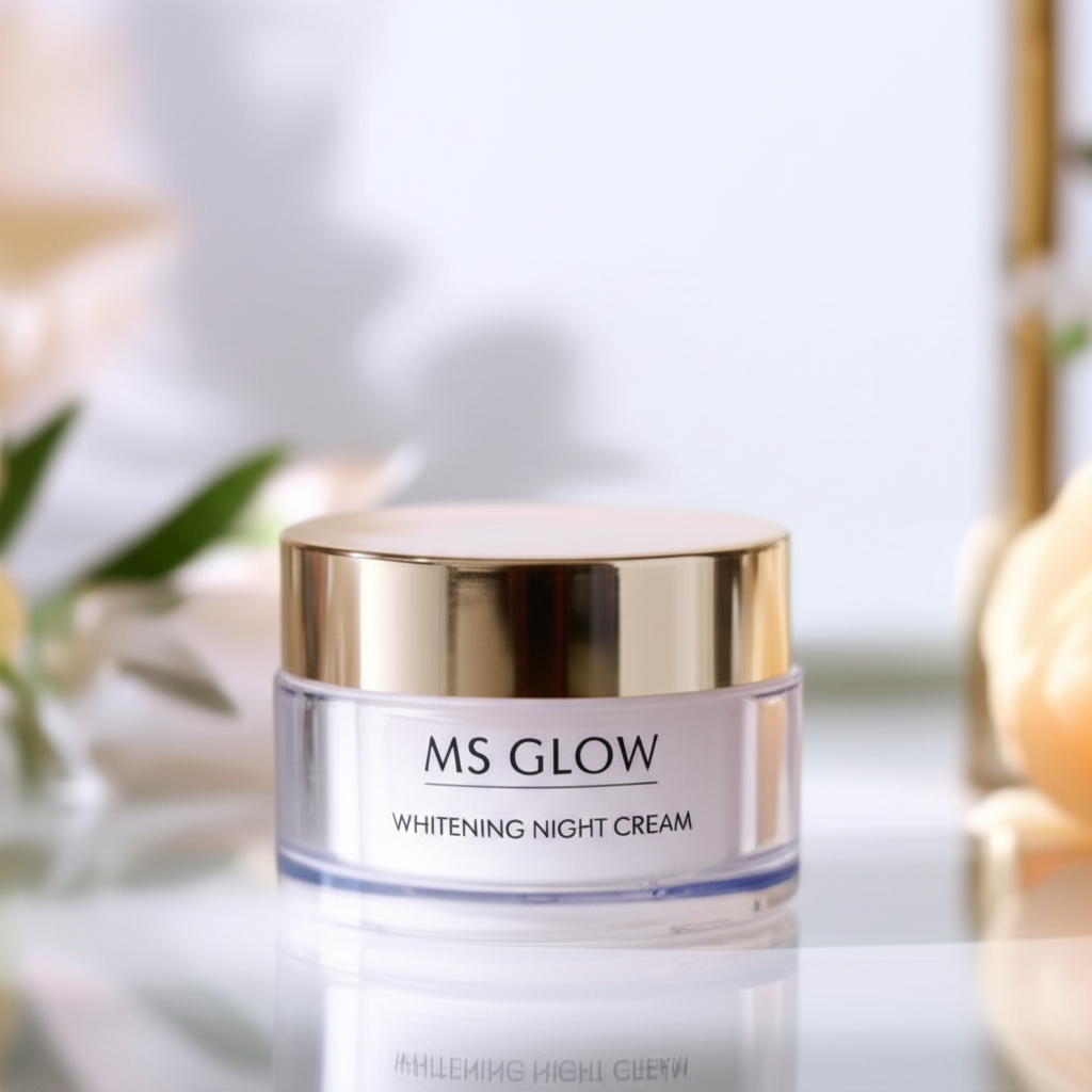 Cara Membuat Gambar Promosi skincare MS Glow Whitening Night Cream menggunakan AI (MidJourney) berikut Contoh Prompt nya
