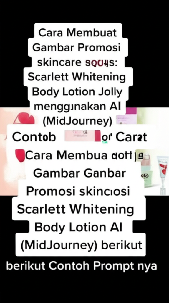 Cara Membuat Gambar Promosi skincare Scarlett Whitening Body Lotion Jolly menggunakan AI (MidJourney) berikut Contoh Prompt nya